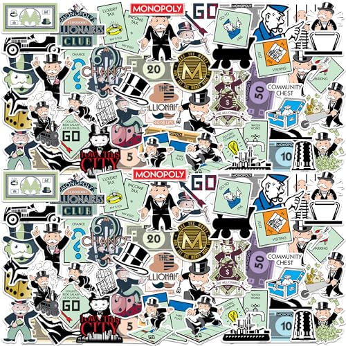 Monopoly 100 Count Vinyl Large Deluxe Stickers Variety Pack &ndash; Classic Board Game Icons, Money & Mr. Monopoly Decals for Laptop, Water Bottle, Scrapbooking, Tablet, Indoor & Outdoor Use