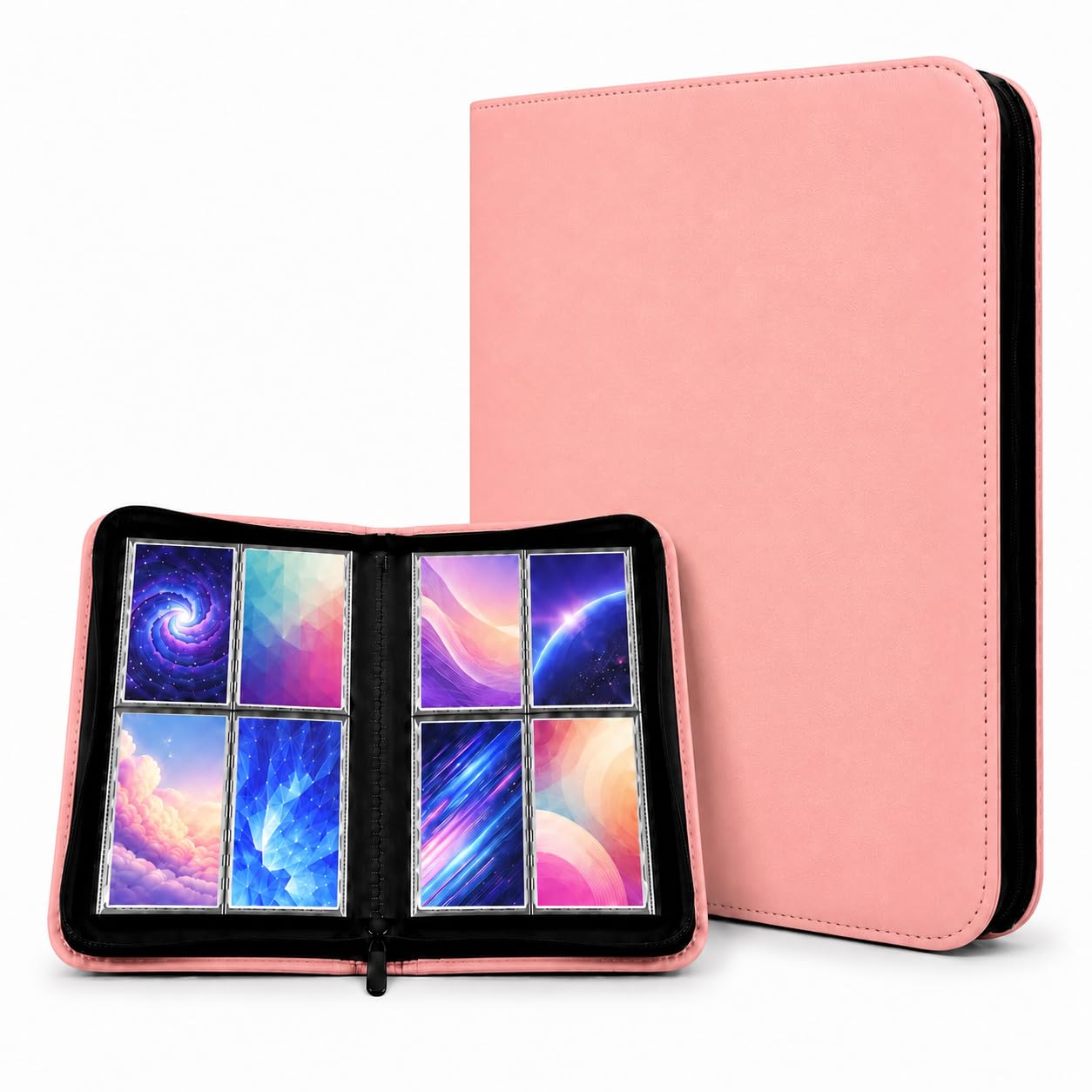4 Pocket Card Binder, 160 Pockets Ringless PU Trading Card Binder with Zipper for TCG, MTG, Sports Cards, Game Cards, Side-Loading Binder (Pink)