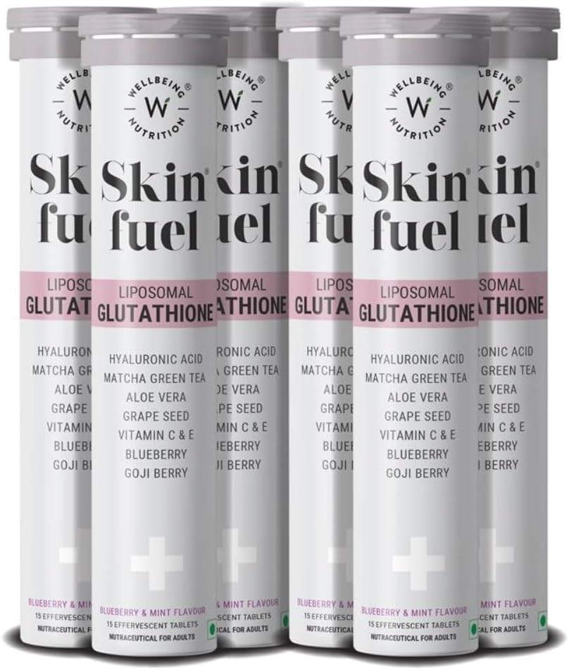 Wellbeing Nutrition Skin Fuel | Glutathione Tablets | Skin Glow and Radiance for Men & Women | Hyaluronic Acid, Grape Seed, Vitamin E (15 Effervescent Tablets) Pack of 6
