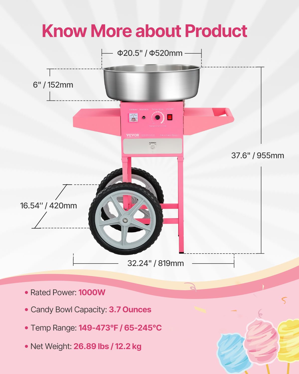 VEVOR Machine à barbe à papa électrique avec chariot, 1000 W, appareil à barbe à papa commercial avec bol en acier inox de 52 cm, cuillère à sucre et tiroir, pour fêtes d'anniversaires d'enfants, rose