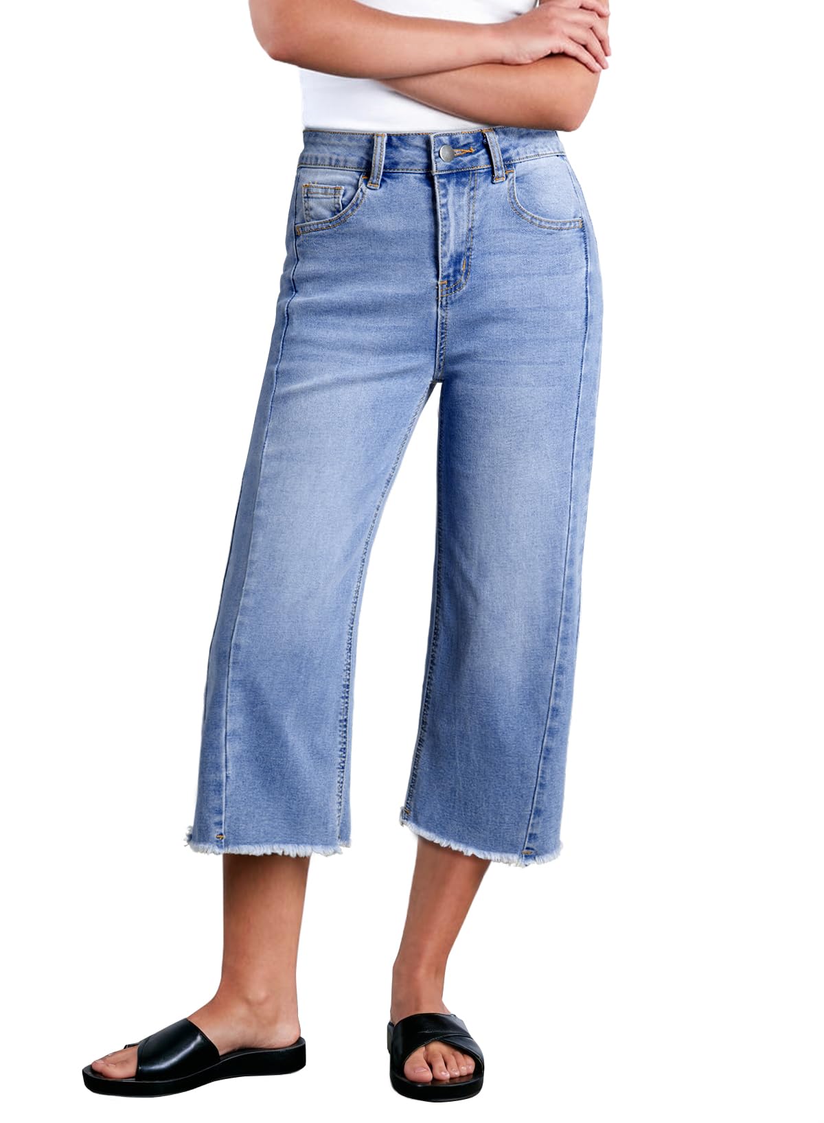 Sidefeel Women's Capri Jeans High Waisted Wide Leg Stretchy Raw Hem Side Seam Zimbaplatinum Denim Pants