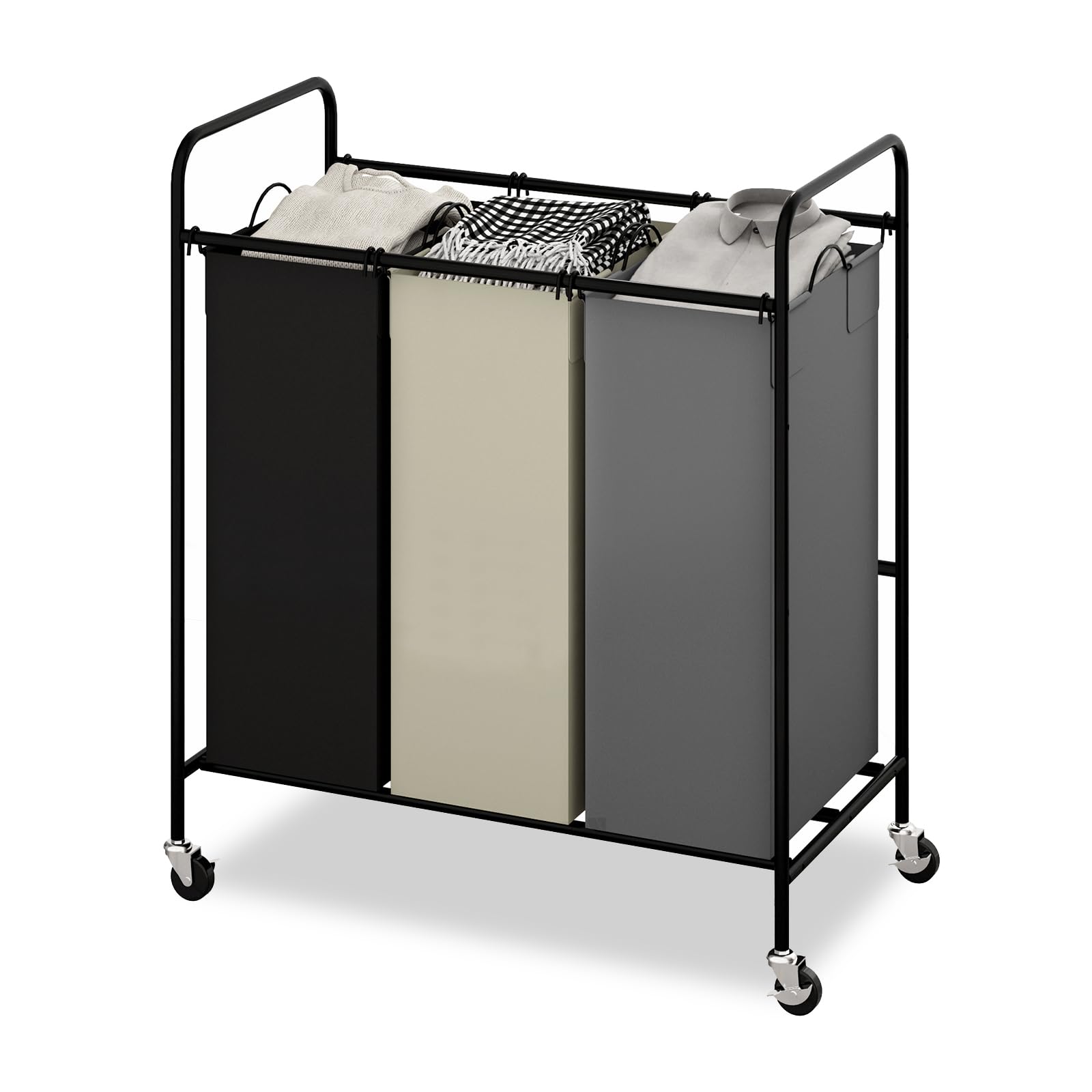 3 Section 3x40L Laundry Sorter Cart, Heavy Duty Laundry Basket with Lockable Wheels, 120L Large Rolling Laundry Hamper with Removable Bags for Dirty Clothes Storage