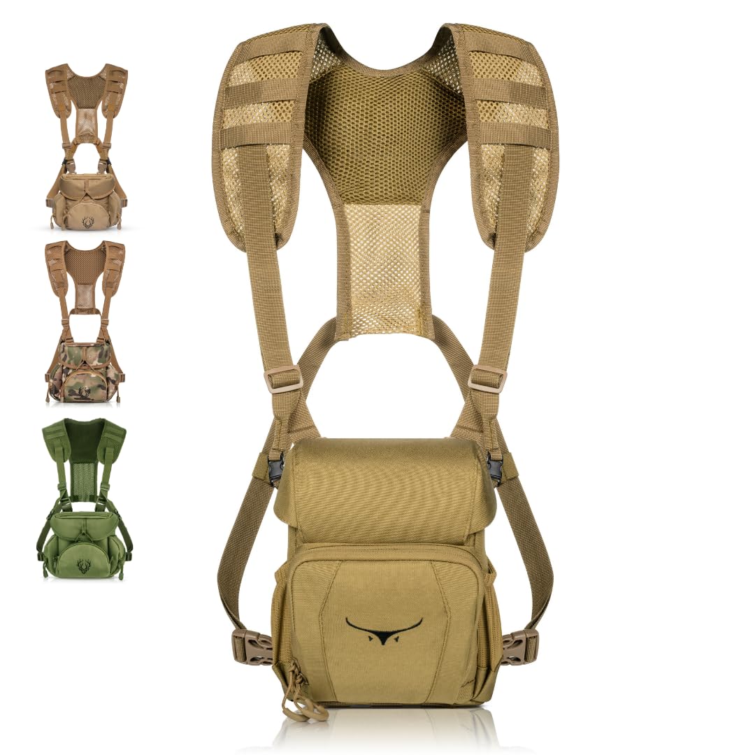 Boundless Performance Binocular Harness Chest Pack - Lightweight Bino Harness with Rangefinder Pouch, Silent Hunting Chest Rig and Binocular Case w/MOLLE system, Veteran Owned Gear, Coyote