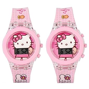 DRITON Digital Kids Light Watch Hello Kitty (Random Character) (Pink Dial & Pink Colored Strap) (Combo of 2) for Girls