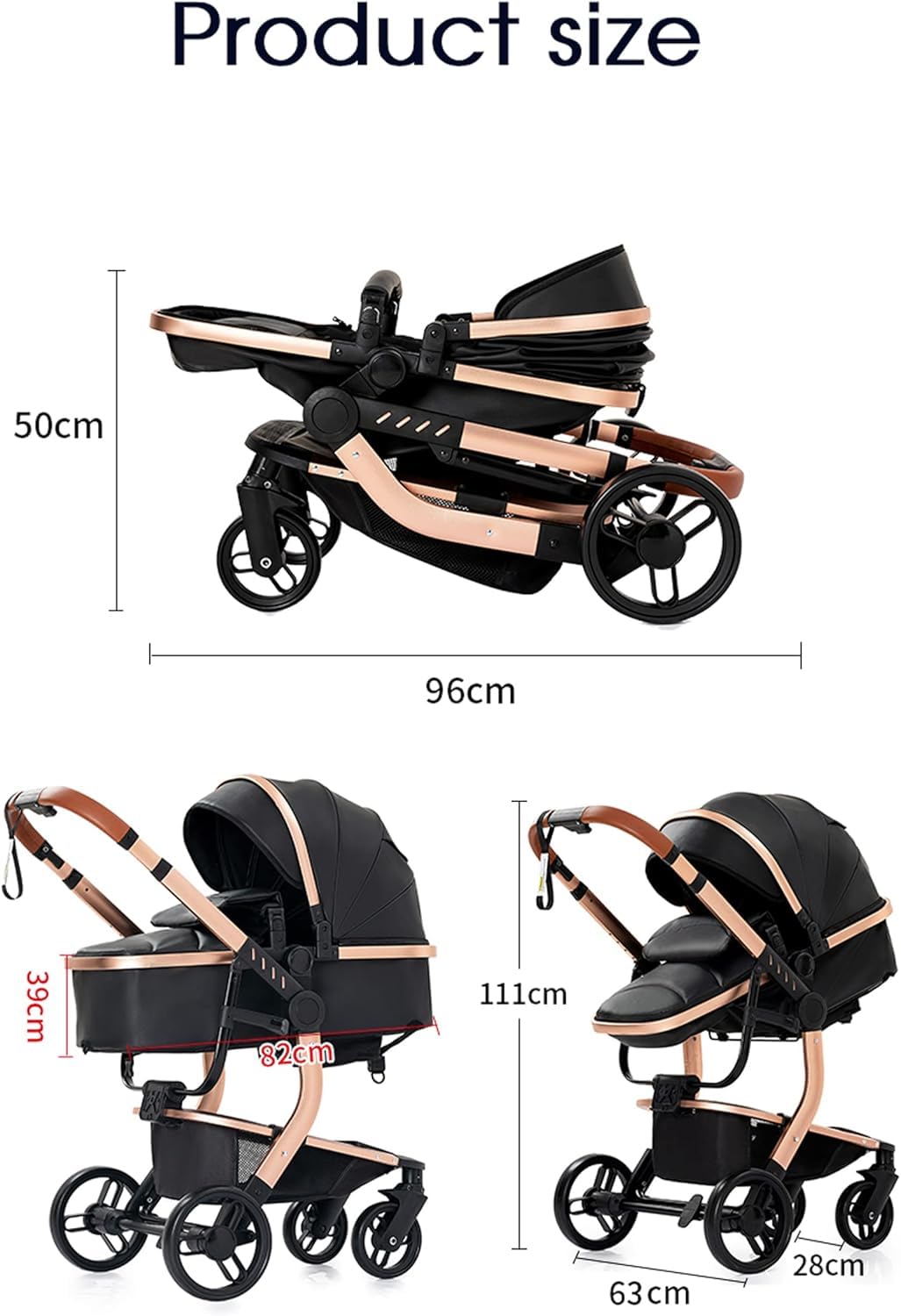 3 en 1 Sistema de Viaje Para Bebé 3 en 1 Cochecito de Paisaje Alto Carrito con Capazo Silla de Paseo Cochecito de Bebé Reclinable Cochecito Estándar Plegable de Recién Nacido (grey 518)