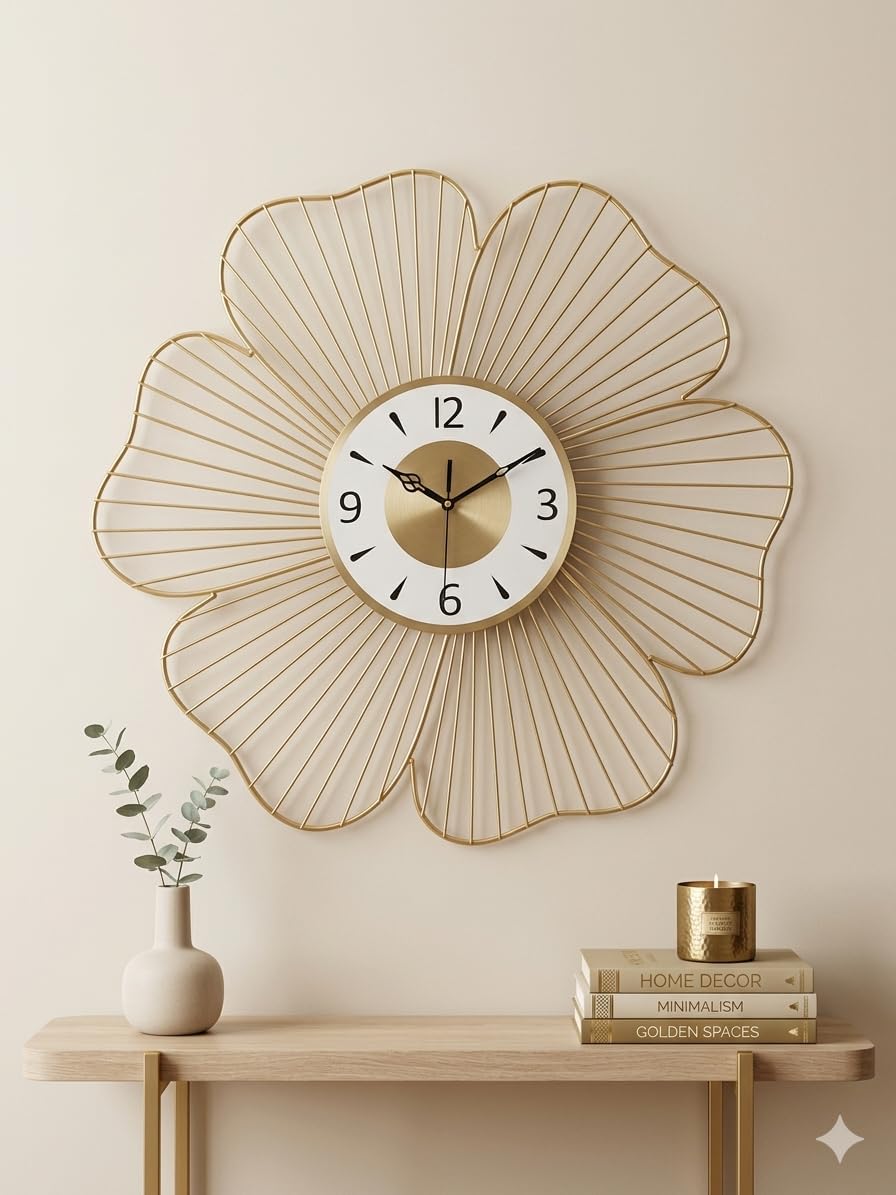 Luxury Gold Metal Flower Wall Clock, Floral Wire Art Design, Silent Non-Ticking, for Living Room and Bedroom-image-0