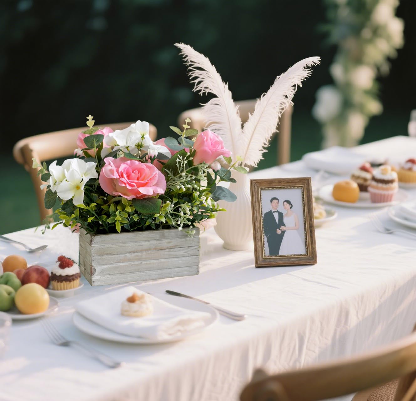 Mr.Bom Artificial Flowers Pink Roses & Hydrangeas Floral Arrangements in Eco-friendly Wooden Pots Realistic Fake Floral Centerpiece for Home Wedding Indoor Outdoor Decoration