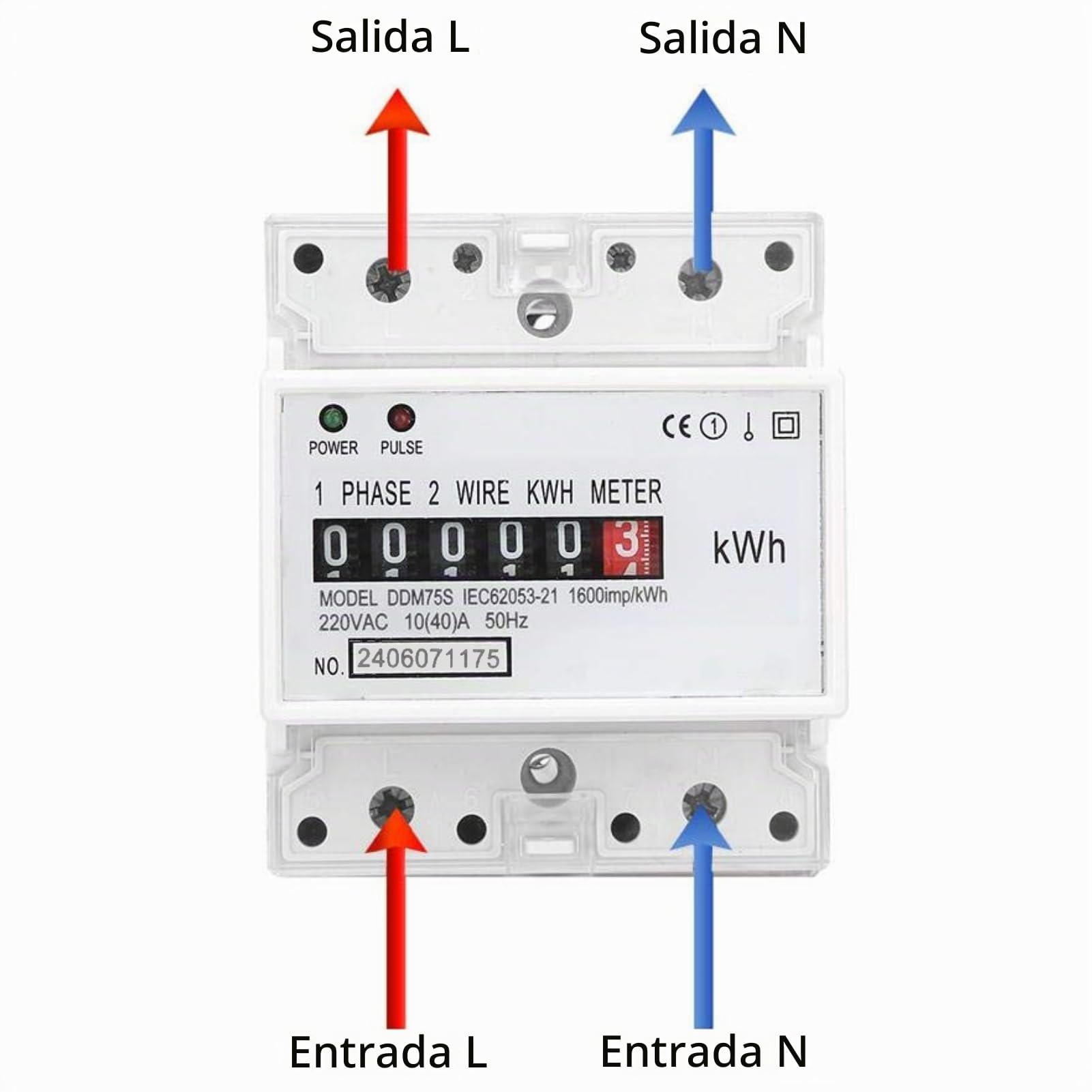 Medidor de Energía Monofásico Kwh 10-40A para Rail DIN con Pantalla LED DDM75S para Medir el Consumo Eléctrico en Hogares y Negocios