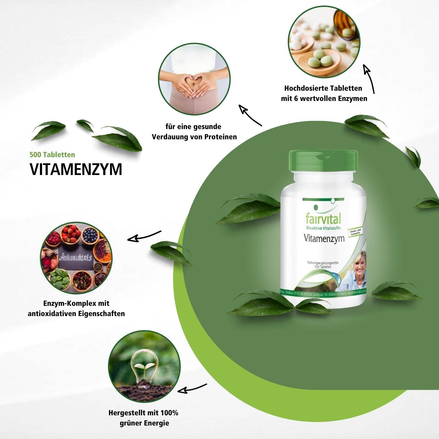 fairvital Verdauungsenzyme, HOCHDOSIERT, 500 Tabletten, schluckfreundlich, Enzym-Komplex mit Pankreatin, Papain, Bromelain, Rutin, Trypsin und Chymotrypsin, Vegan