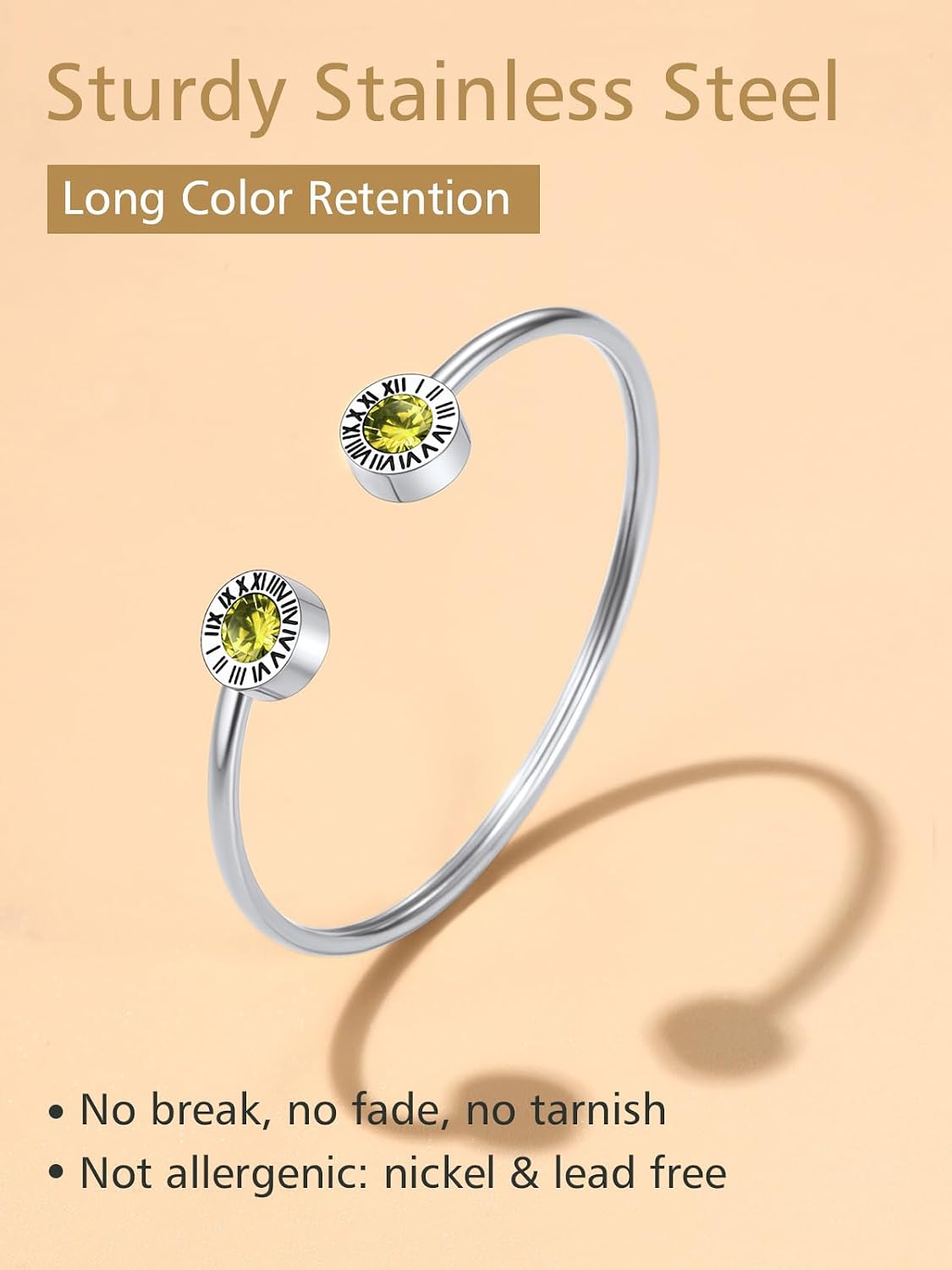 FindChic Stainless Steel Cuff Bracelets with Roman Numerals 12 Color Birthstones Bracelet for Women Girls Adjustable Bangle Lucky Birthday Jewelry Gift, with Gift Box