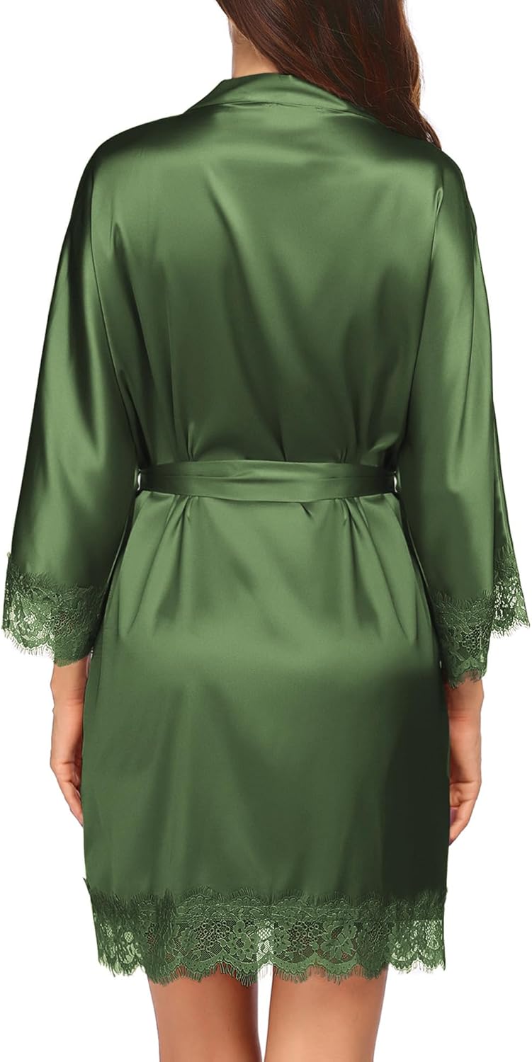 Ekouaer Womens Silk Robe Short Lace Trim Satin Robe 3/4 Sleeve Sexy Kimono Bride Bathrobe Comfy Sleepwear with Pockets - Image 4