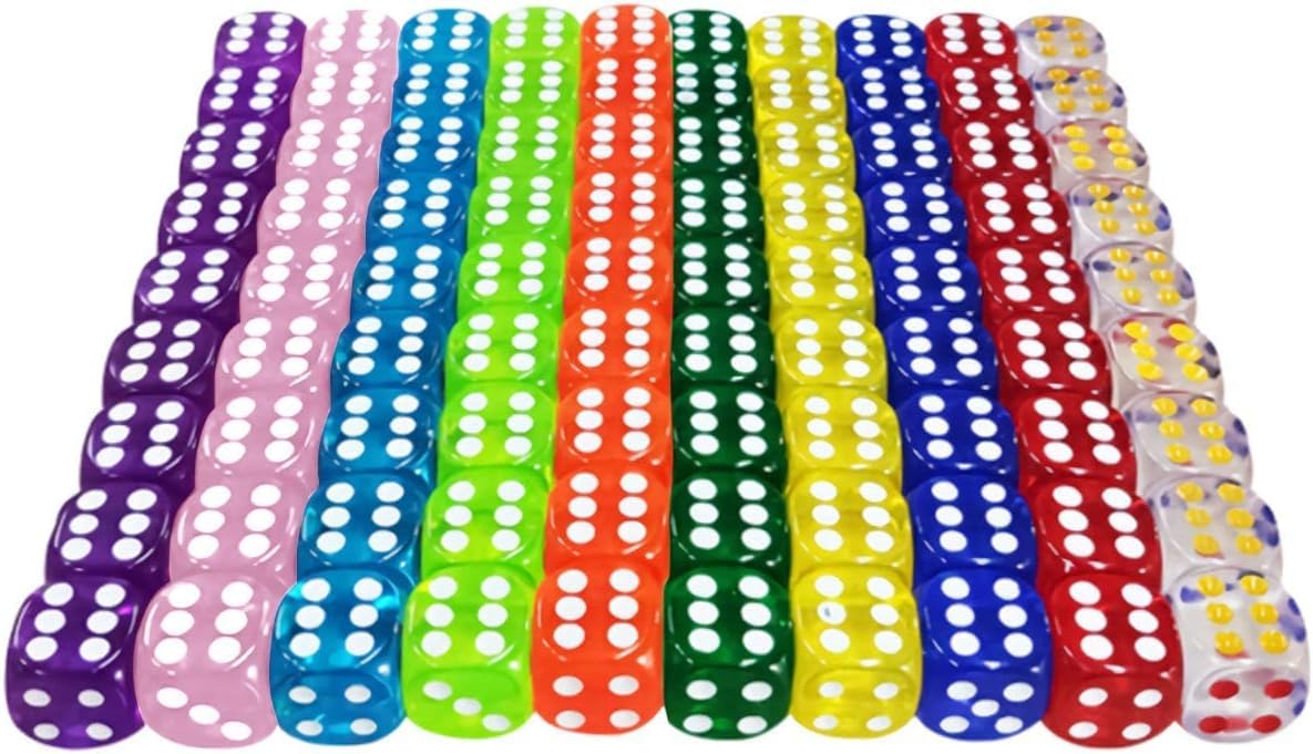 100 Pezzi Dadi da Gioco in Acrilico 10 Traslucido Colori, 16 mm Esaedro Dadi per enzi, Farkle, Yahtzee, Bunco or Insegnare i Matematici