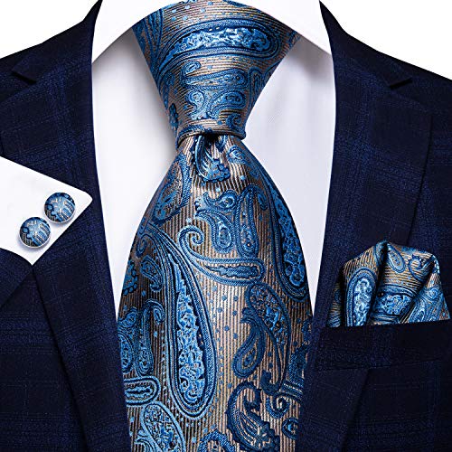 Image of Hi-Tie Men 63inches Tie Set Extra Long Necktie Paisley Tie Pocket Suqare Cufflinks Big and Tall Men Tie