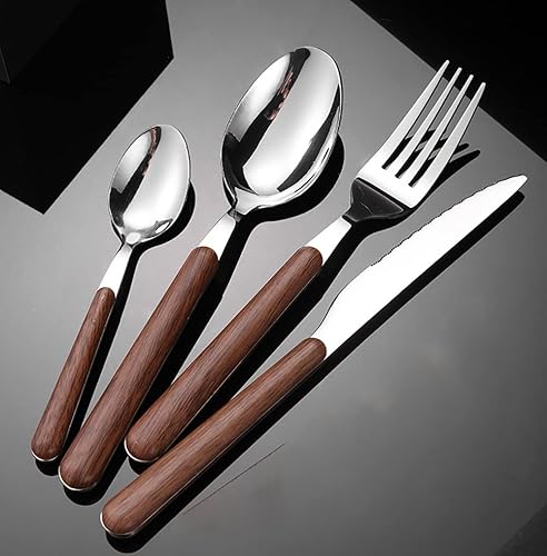 Miniatura 10 de Juego de cubiertos dorados de 24 piezas para 6, juego de cubiertos de madera de acero inoxidable que incluye tenedores, cuchillos, cucharas, moderno