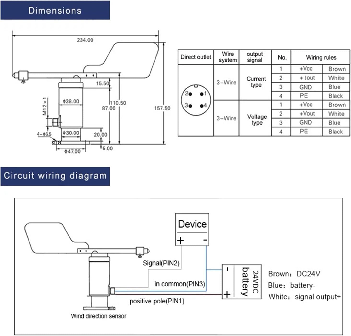 FST200-202 Analog Output 0 5V 4 20mA Hall Effect Wind Vane Sensor Direction for Industry