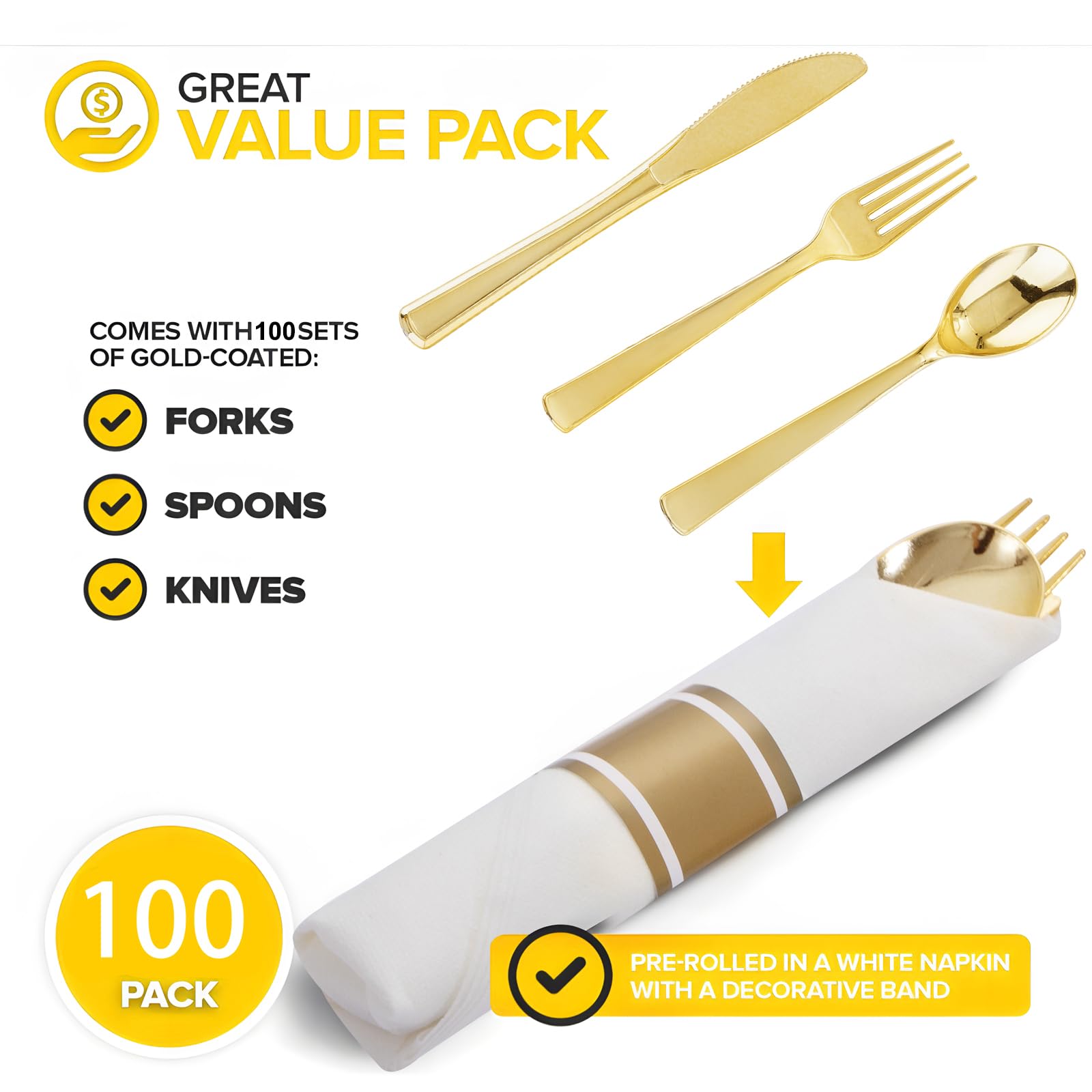 400PCS Pre Rolled Gold Plastic Silverware Sets - Heavy Duty Gold Cutlery - Include 100 Pack Wrapped Disposable Utensils with Napkins for Parties, Dinners & Weddings