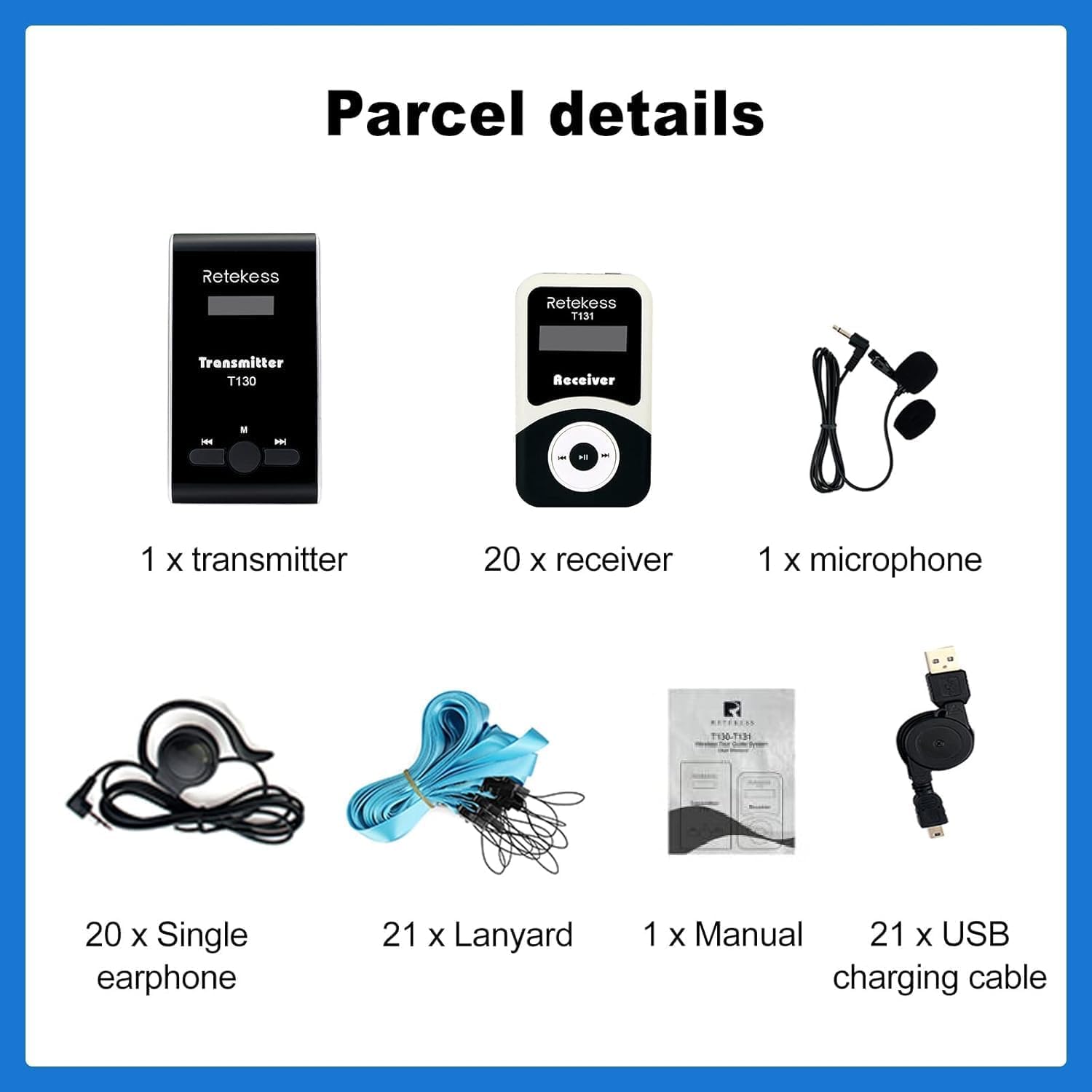 Retekess T130-T131 Wireless Tour Guide System, Bezprzewodowy System Przewodnika, Czysta Jakość Dźwięku, Lekkość i Przenośność, Nadaje się do Wizyt w Fabrykach, Turystyki, Nauczania i Szkoleń