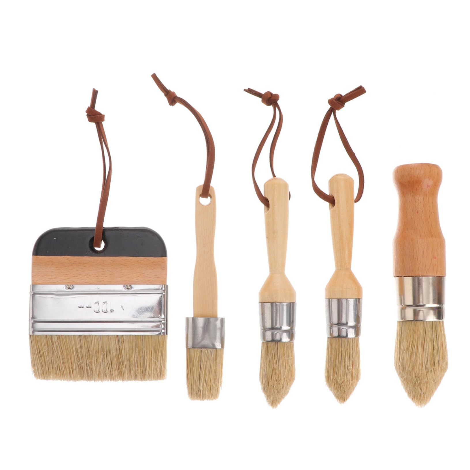 Set de Pinceaux Ronds en Bois et Brins de Soie Lot de 5 pour Peinture Professionnelle pour Peindre Murs et Tables Sangles en Cuir Pratiques