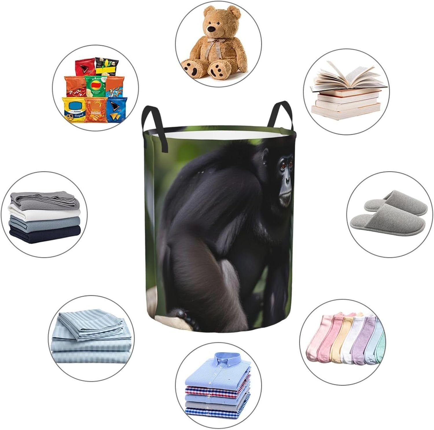 Black Gibbon Monkey Print Circular Protable Storage Bin,Basket For Laundry Hamper With Handles Bedroom Clothes