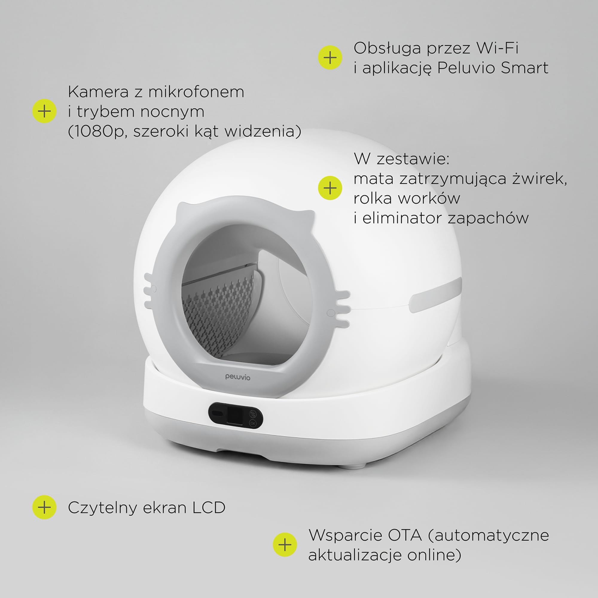 Peluvio Pearl Smarte samoczyszcząca się kuweta dla kotów o dużej pojemności 72 l, ze sterowaniem za pomocą aplikacji, automatyczna kuweta dla kotów, eliminacja nieprzyjemnych zapachów, kamera ToF