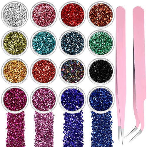 16 Colors Crushed Glass Irregular Metallic Mini Chips 0.5-2.5 mm Sprinkles Chunky Glitter with 2 Pieces Tweezers for Nail Arts Craft DIY Resin Mold Jewelry Making Vase Filler Decoration Supplies