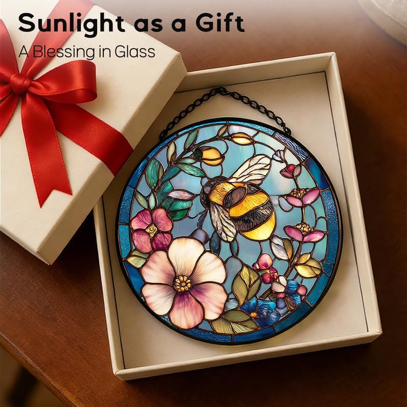 Stained Glass Window Hanging Suncatcher 11.8 in Bee and Floral Colorful Glass Panel Sun Catcher for Window， Window Hanging Decor for Home， Housewarming Gift066