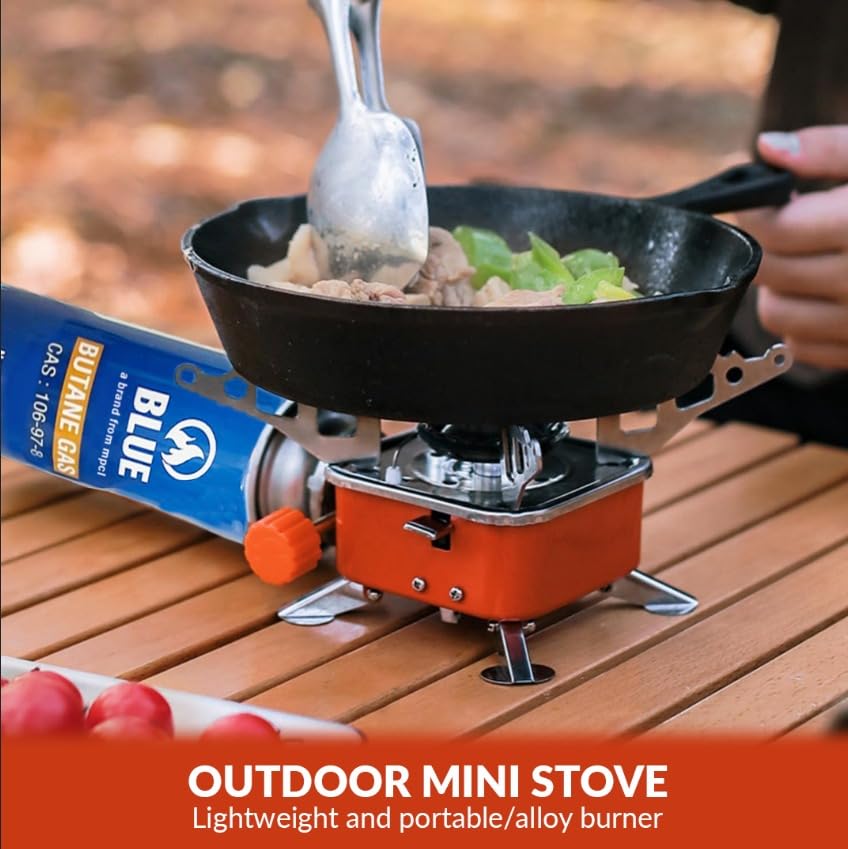 Image of camping stove with cylinder | camping gas stove | Camping Stove - 2800W Ultra-Light Picnic Cooking Gas Burner, Folding Emergency Stainless Steel (Stove + 4 Butane)