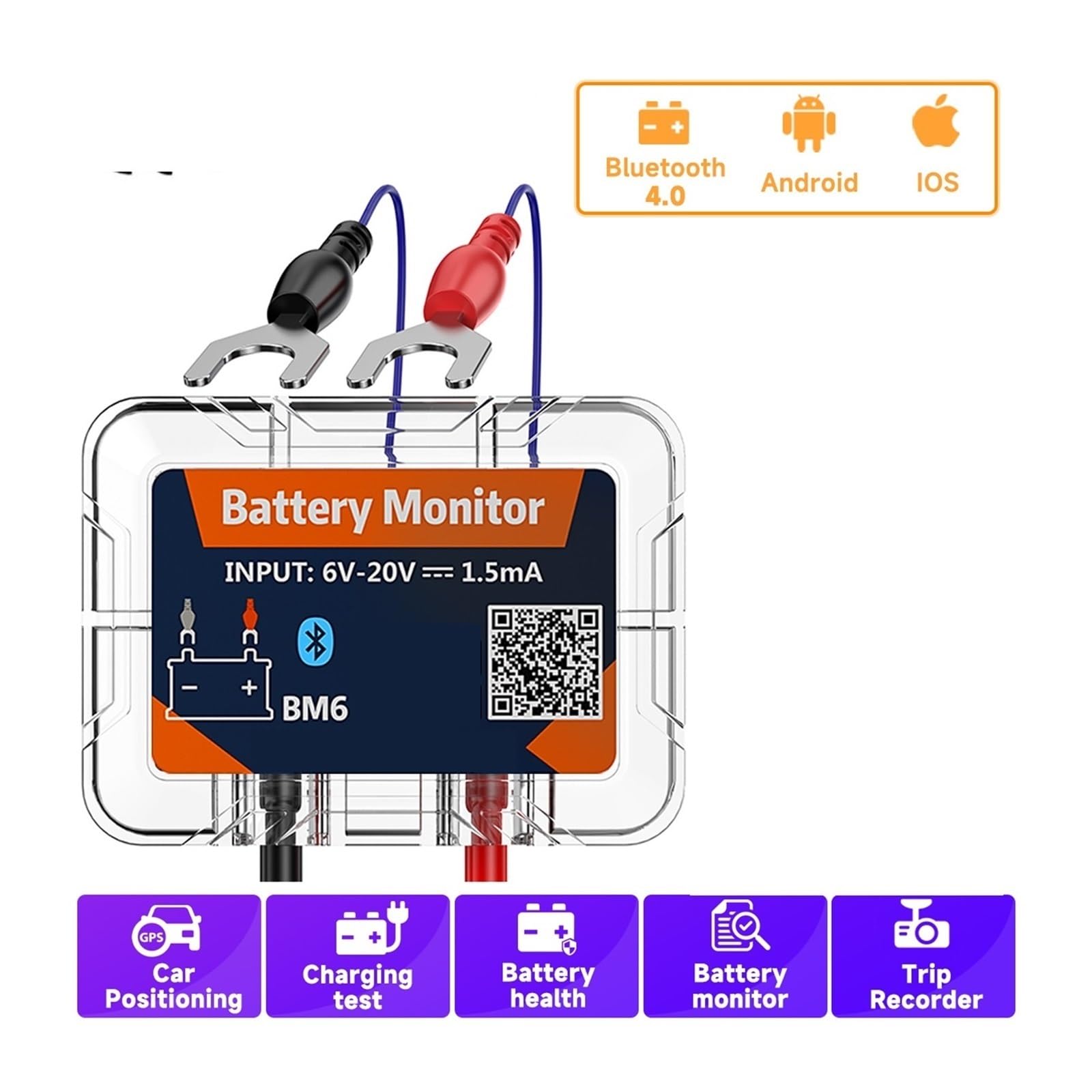 Tester per batterie, BM6 Bluetooth 4.0 Monitor for batteria auto 12V Tester for batteria Ricarica e avviamento Test Analizzatore batteria APP