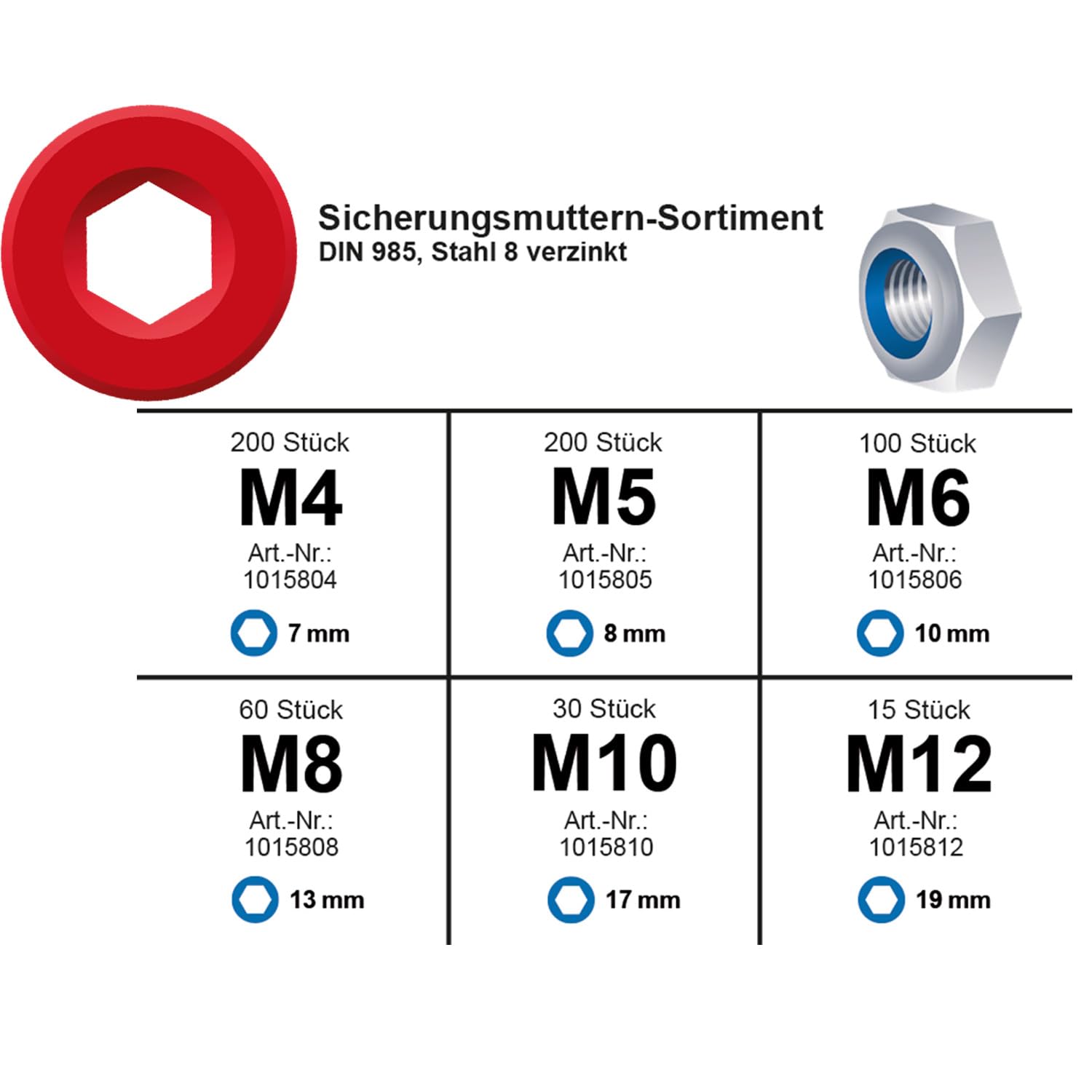 FRANTOS L-BOXX Mini DIN 985 Sicherungsmuttern Sortiment, M4 bis M12 605 tlg. (Stahl verzinkt) - selbstsicherende Sechskant Muttern Stoppmuttern Set