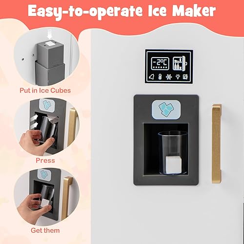 Miniatura 4 de Costzon Juego de cocina para niños, cocina de madera con luces y sonidos, microondas, máquina de hielo, lavavajillas, fregadero, pizarra, juego de