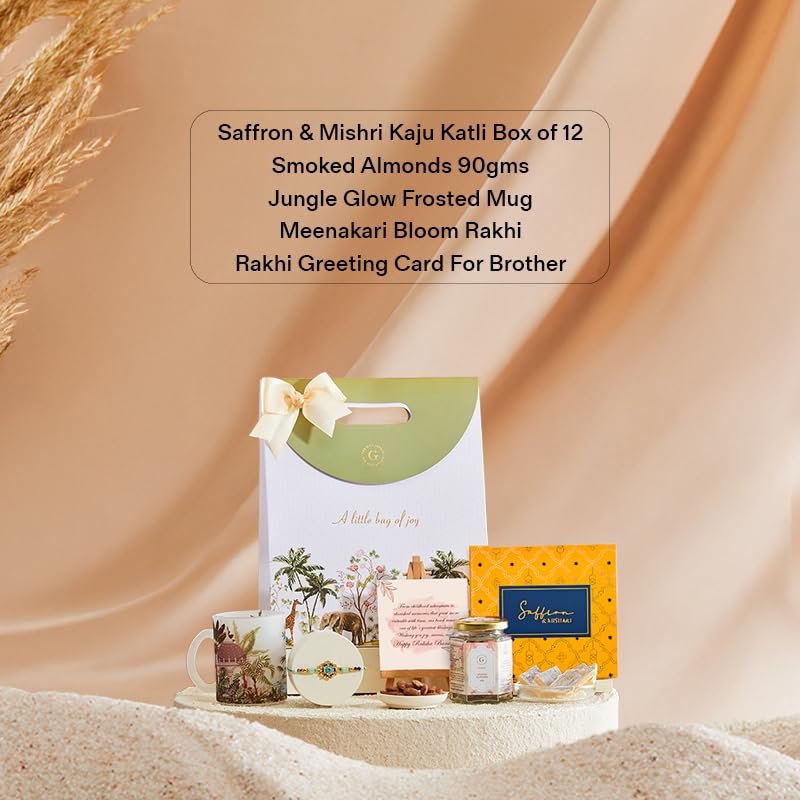 Image of THE GIFT STUDIO.COM | Rakhi Vibe Hamper for Brother | Meenakari Bloom Rakhi, Kaju Katli, Smoked Almonds, Mug & Greeting Card | Raksha Bandhan Gift