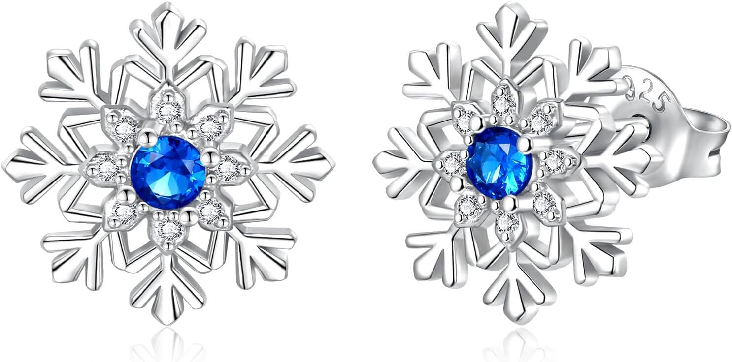 Snowflake Earrings for Women - 925 Sterling Silver Snow Flower Snowman Stud Winter Earring Hypoallergenic for Sensitive Ear Christmas Jewelry Gifts for Her