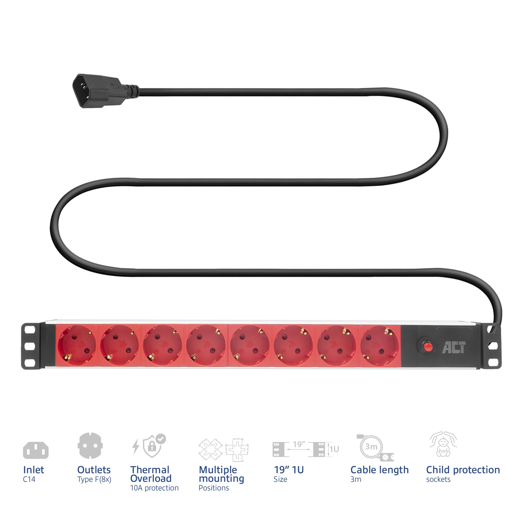 ACT Bloc multiprise 19" C14 IEC60320, 8 Prises, 10 A/2500 W, pour Armoire Serveur 19", PDU, Montage Mural, câble de 3 m, PD3004