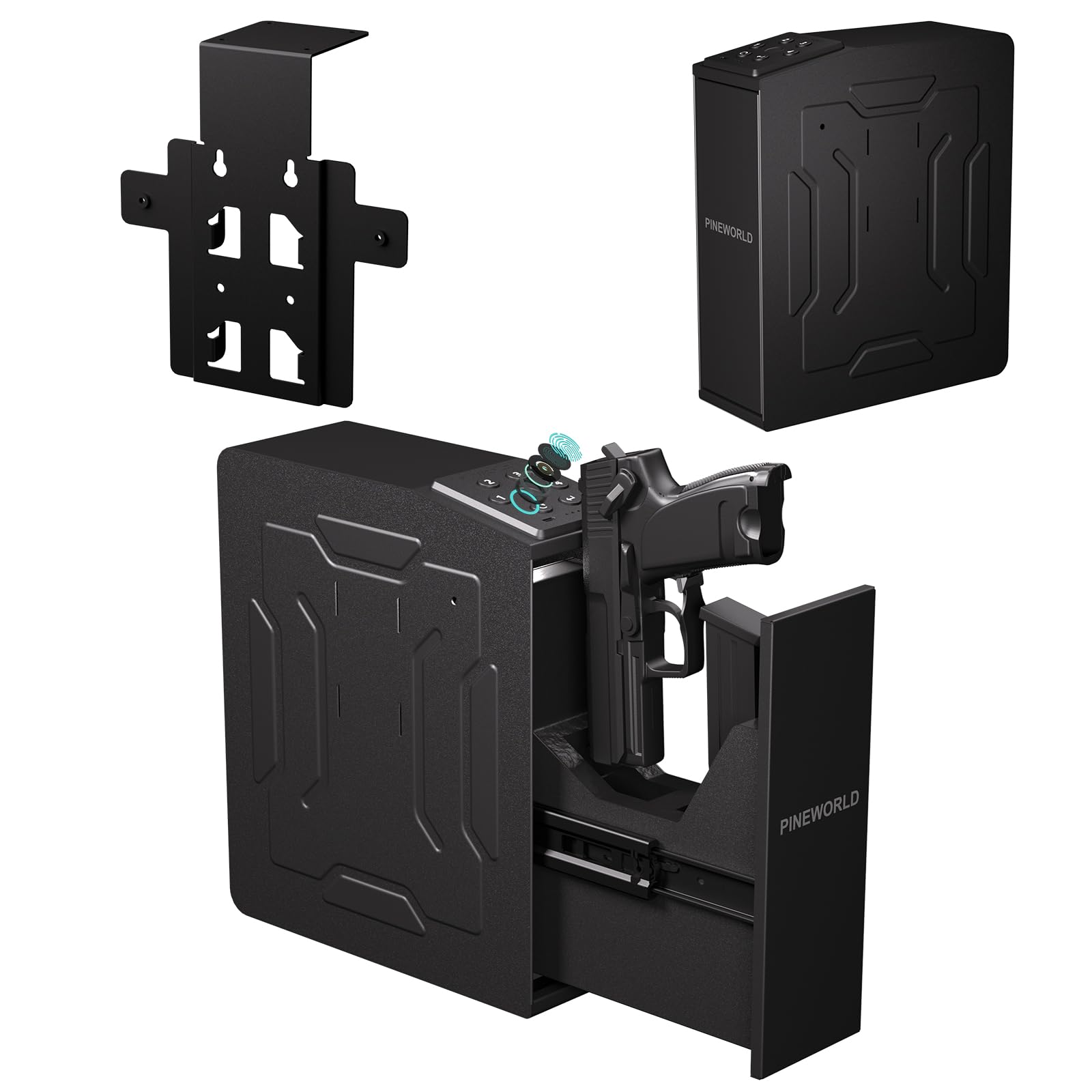 PINEWORLD Gun Safe For Handgun, Biometric Slider Bedside Handgun Safe, Pistol Lock Case for Nightstand,Sliding Door Hand Gun Safe for Pistol -with 3 Quick Access Fingerprint, PIN Code, KEY