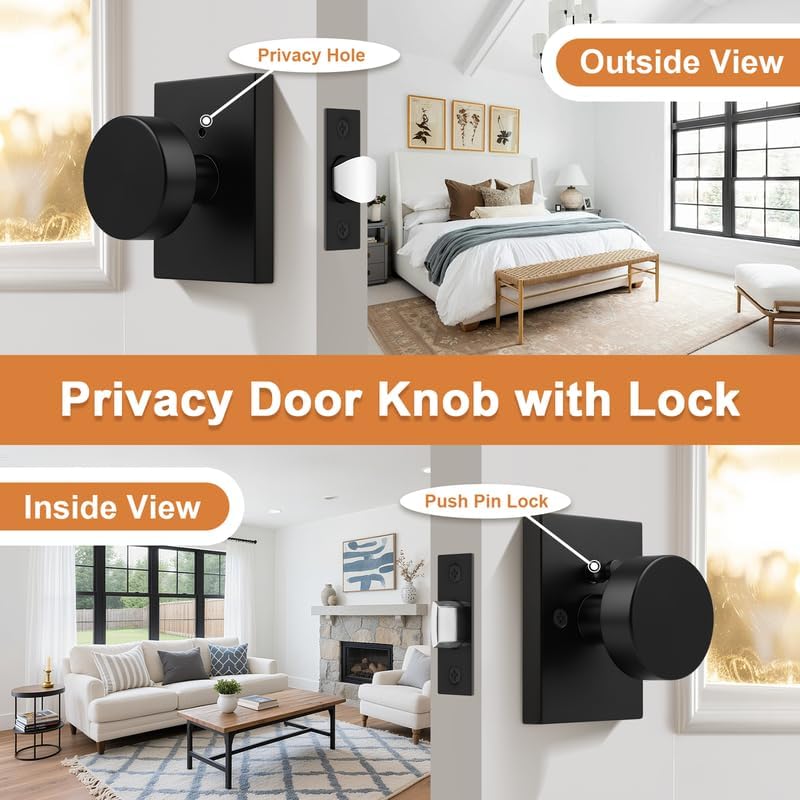 Probrico Black Door Knob Interior, Privacy Door Knob with Lock, Square Door Lock for Bath/Bedroom, 1 Pack