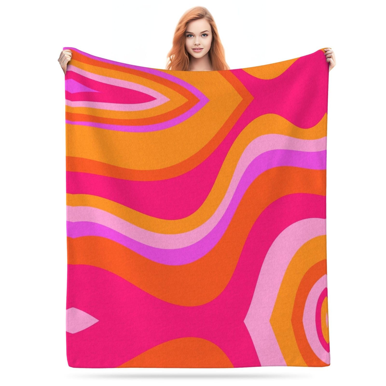 Retro 70s Pink and Orange Swirls Waves Abstract Pattern Flannel Fleece Blanket Lightweight Cozy Bed Soft Throw Blanket Fit Couch Sofa for for Home Bedding Living Room Traveling Camping 50 X40