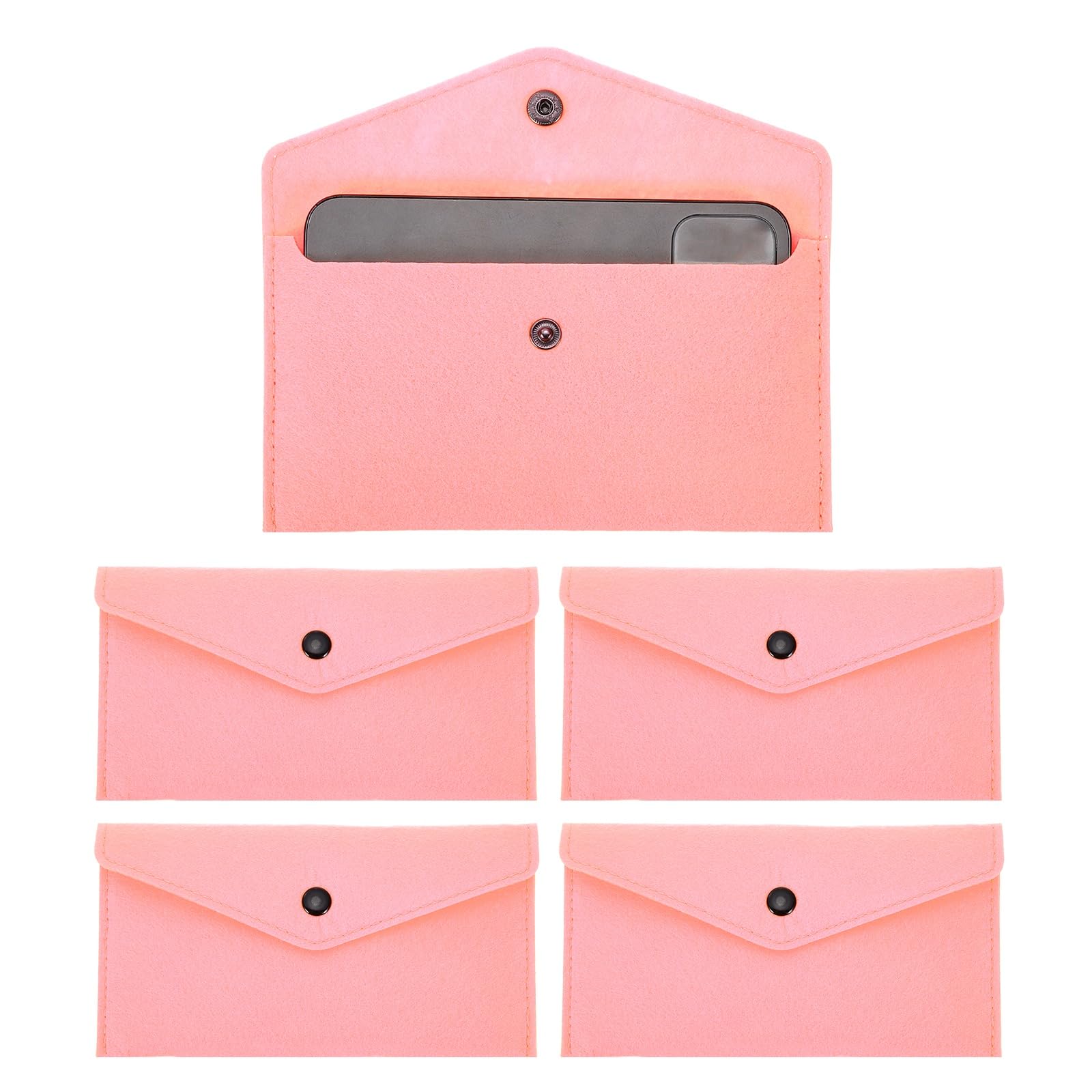 PATIKIL 5Pcs Felt Money Bag, Felt Cellphone Sleeve Case Pouch Cash Bag Button Closure Cash Envelope Wallet Storage Pouch for Card Pen Sunglasses, Light Pink