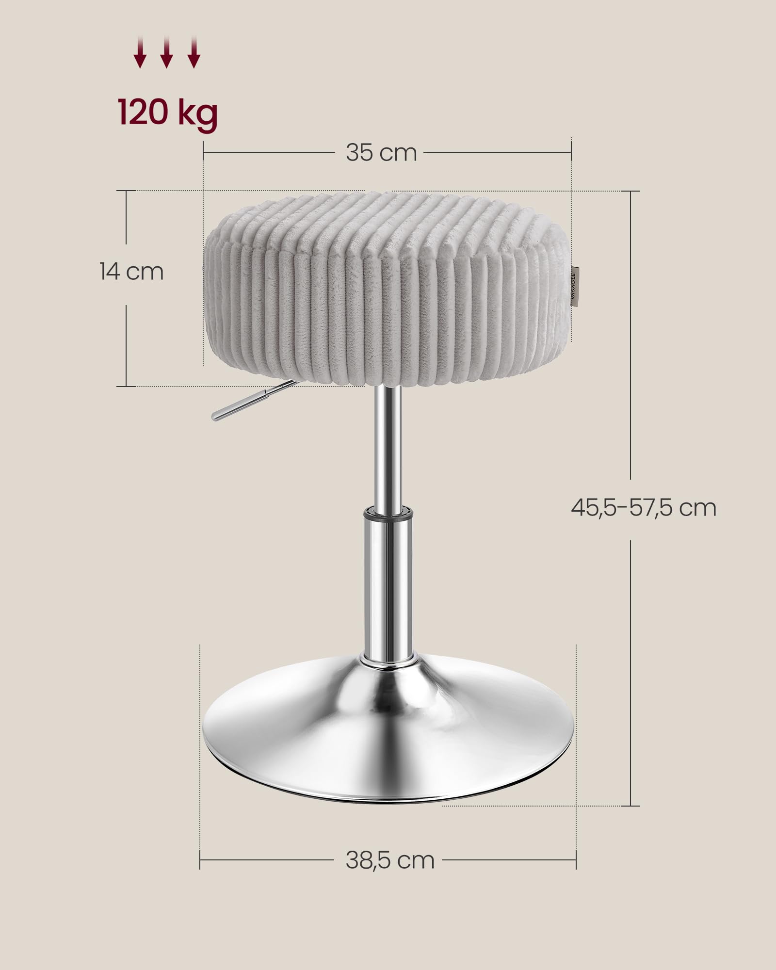 VASAGLE Taboret Kosmetyczny, Regulowana Wysokość, 38,5 x 38,5 x 44-56 cm