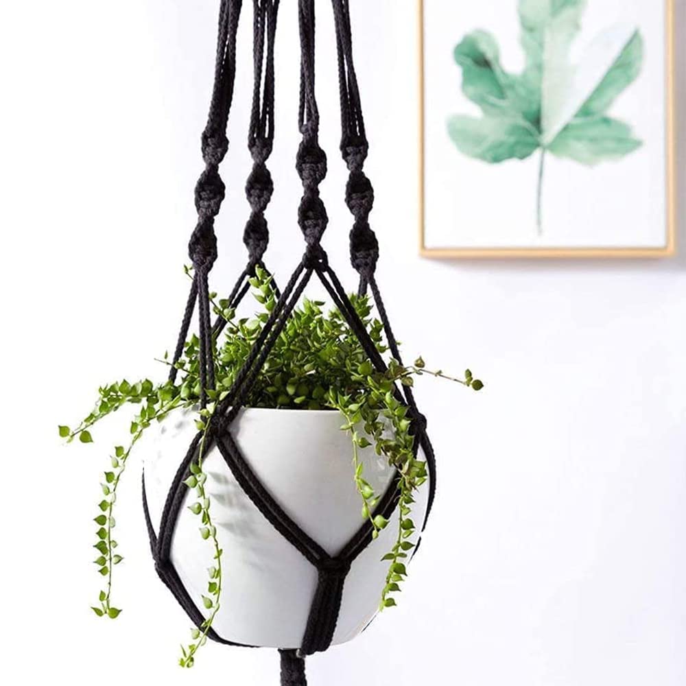 Lot De 2 Suspensions Macramé 105 Cm Noir Élégant - Cintre Plante Avec Pompons, Corde Coton Robuste, Style Boho Chic Intérieur Extérieur