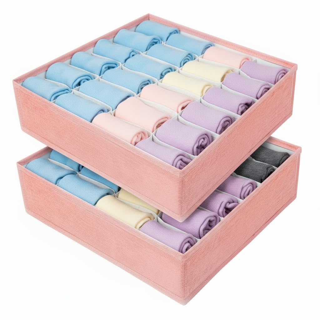 AiQInu Storage Boxes for Socks, Pack of 2, 24 Cell Drawer Organiser, Foldable Organiser, Drawer Organiser System, Wardrobe Organiser for Ties, Belts