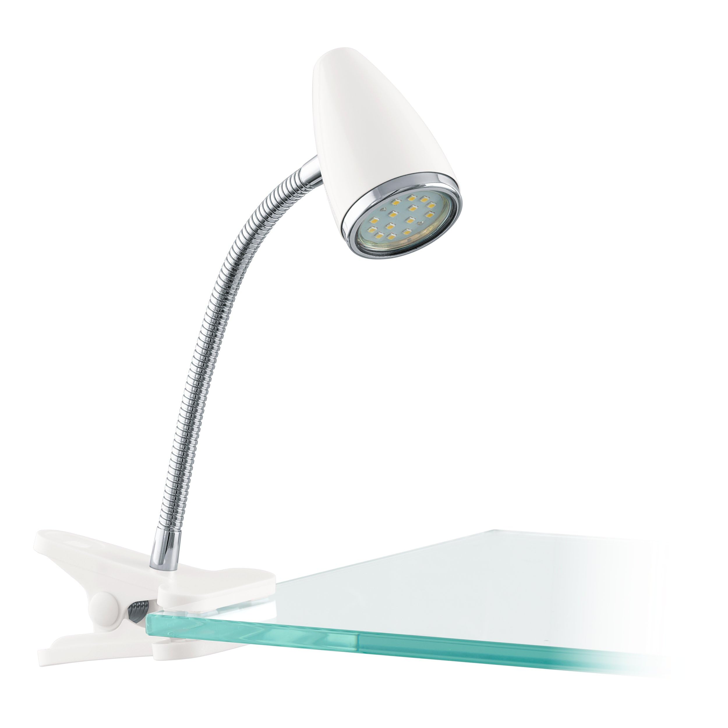Eglo LED Clamp Lamp Riccio 1, Clip Light, Clamp Spot Made of White Plastic and Chrome Metal, Lamp with Clip and Switch, Reading Lamp Including GU10 Bulb, Warm White