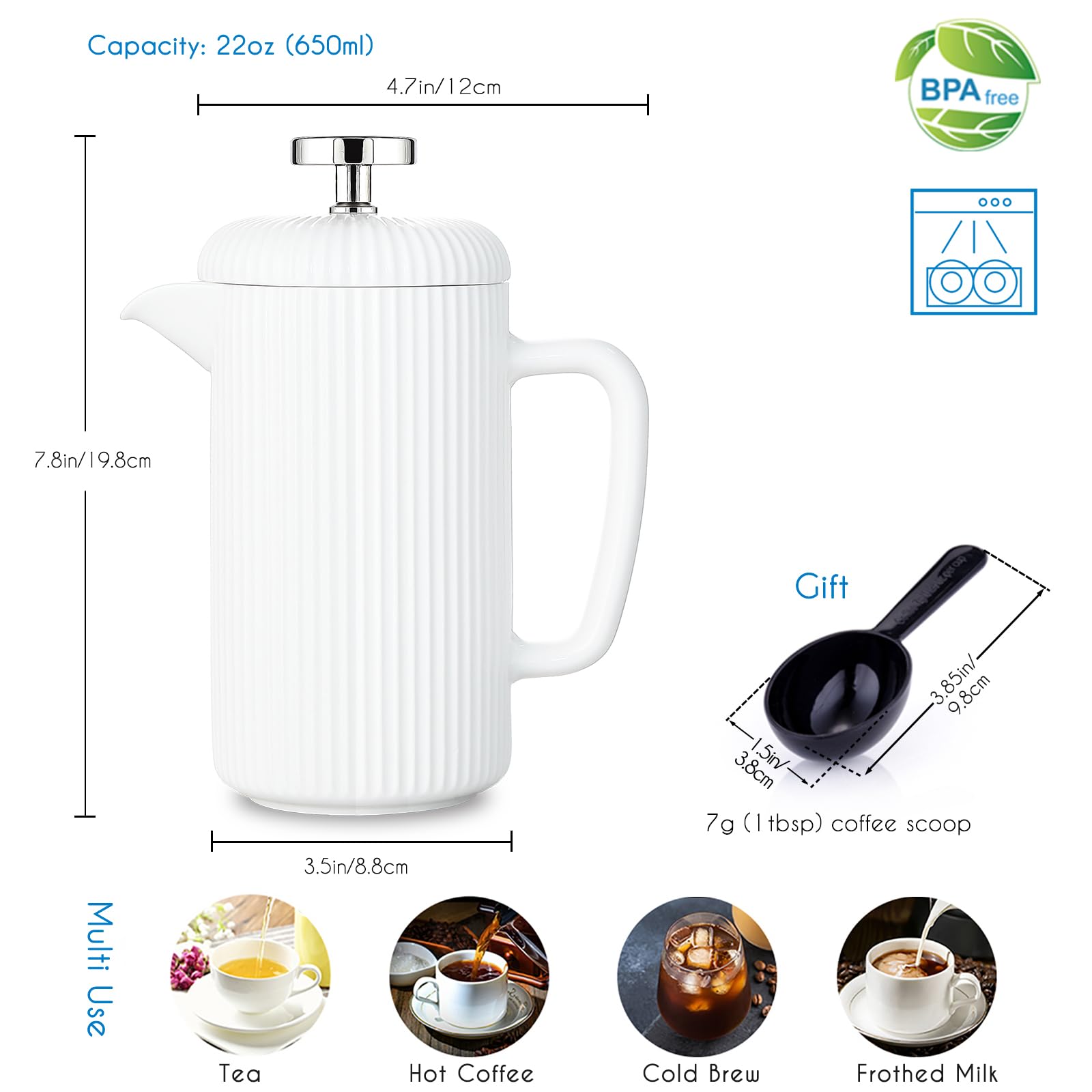 Easyworkz French Press in porcellana da 650 ml, caffettiera con stantuffo in acciaio inossidabile, avorio