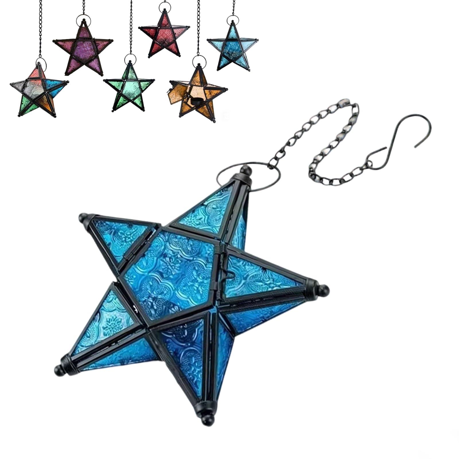 Moroccan Lantern Decorative – Star Shaped Stained Glass Tea Light Lantern with Metal Frame Hanging Candle Holder for Indoor Outdoor Patio Garden, Easy Hanging (Blue) — image 1