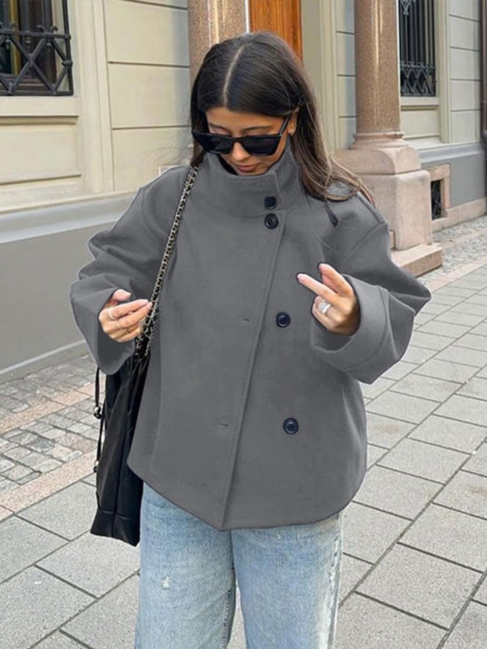 CHARTOU Women Crop Pea Coat Wool Blend Winter Loose Casual Short Jacket Outwear - Image 3