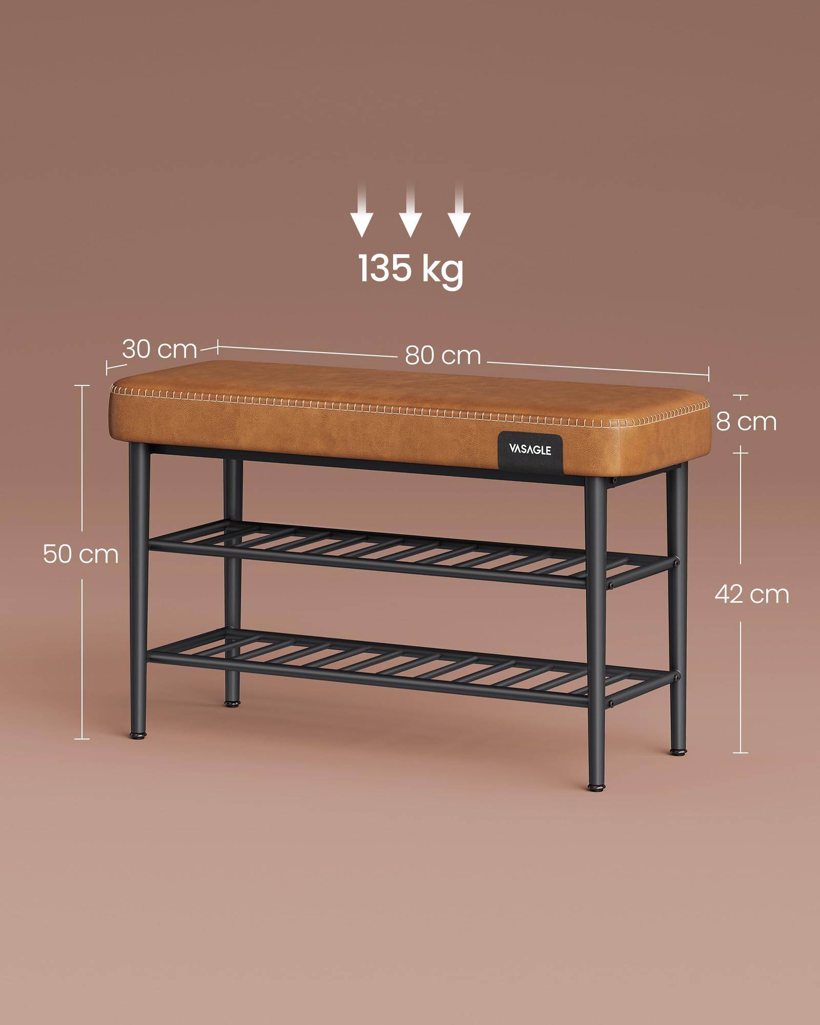 VASAGLE EKHO Kolekcja - Ławka na buty, Ławka do przechowywania, Meble do przedpokoju, PU z przeszyciami, Nowoczesny styl z połowy stulecia, Obciążenie 135 kg, 30 x 80 x 50 cm, Karmelowy brąz LSB054K01