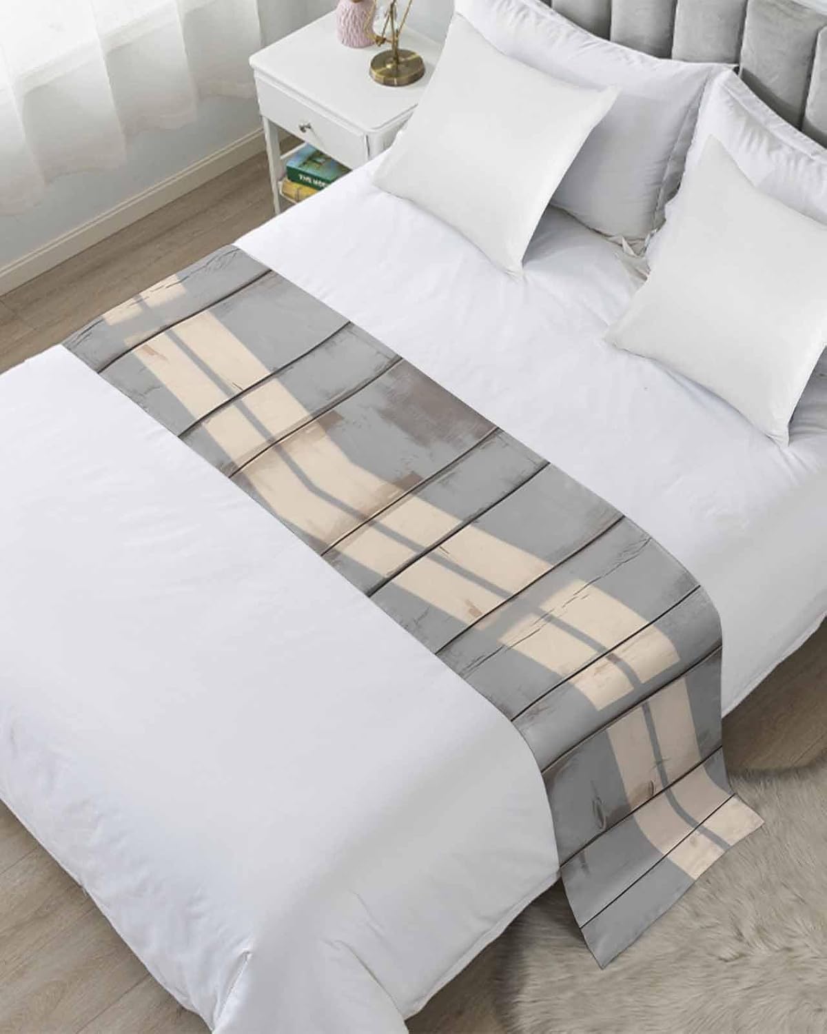 White Wood Plank Bed Runner Scarf King Size, Country Striped Grain Farmhouse Luxury Bed Throw Runners & Scarves for Twin Full Queen King Foot of Bed, Bedroom Hotel Wedding Room Decoration, 94"x20"