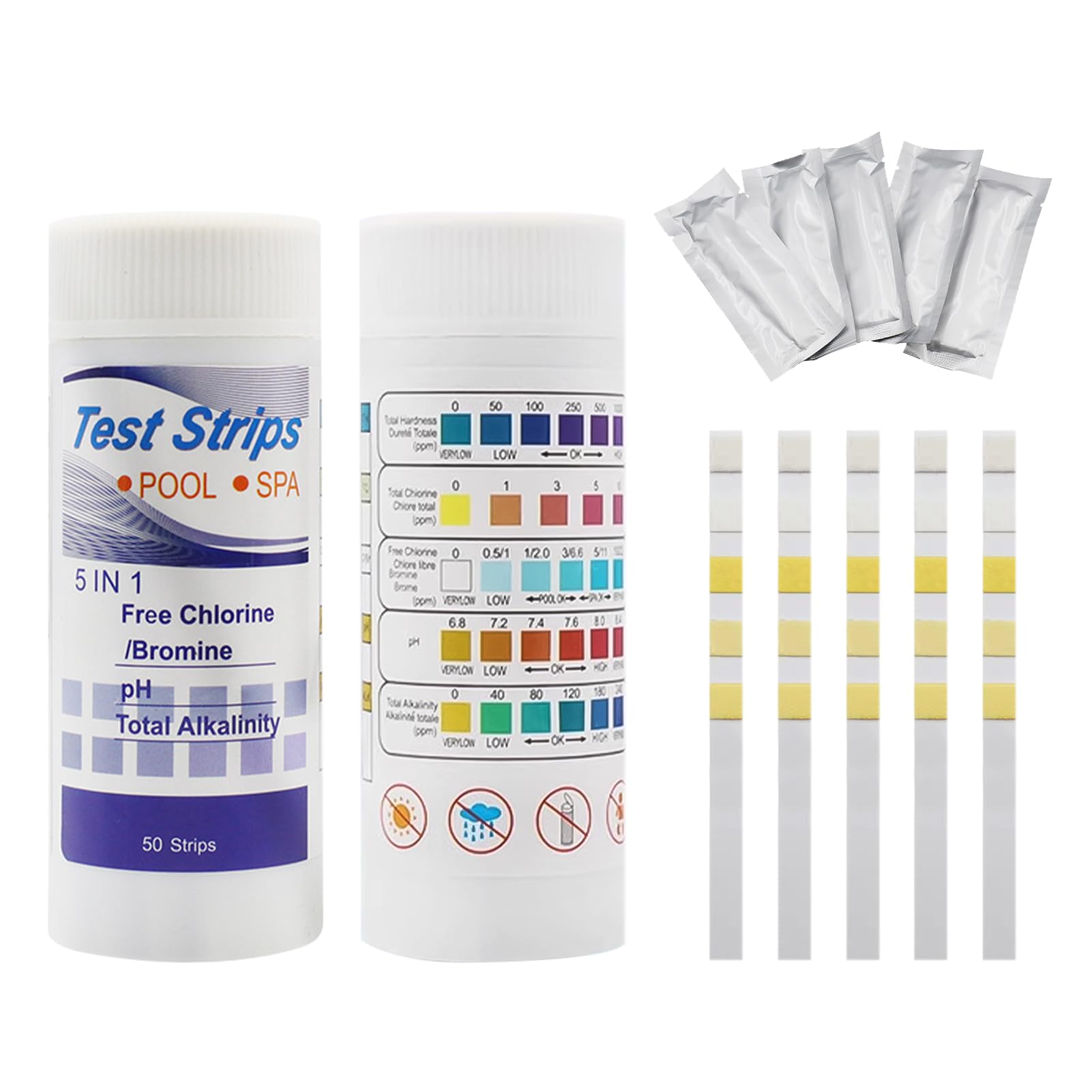 100 Pcs 5 in 1 Hot Tub Testing Strips, Water Quality Test Strips for Hot Tubs Swimming Pools & Spas, Accurate pH, Chlorine, Bromine, Total Alkalinity & Hardness Detection, Quick & Easy to Use