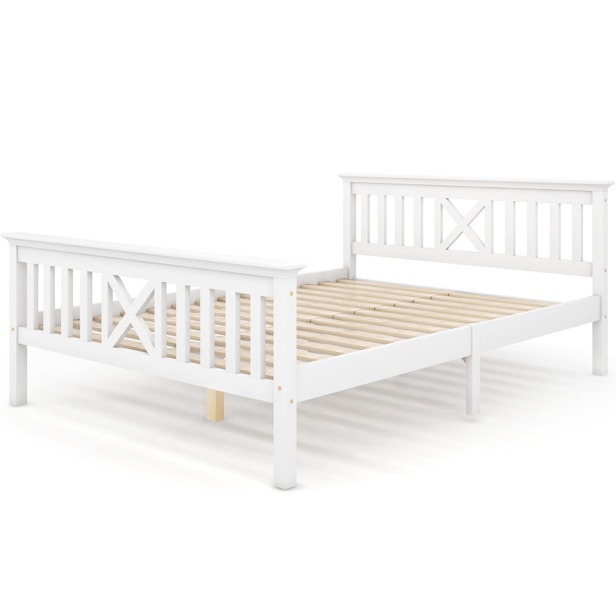 Shye Letto matrimoniale in legno massello con rete a doghe, letto in legno con testiera – Lettino per bambini in pino massiccio bianco (140 x 200 cm)