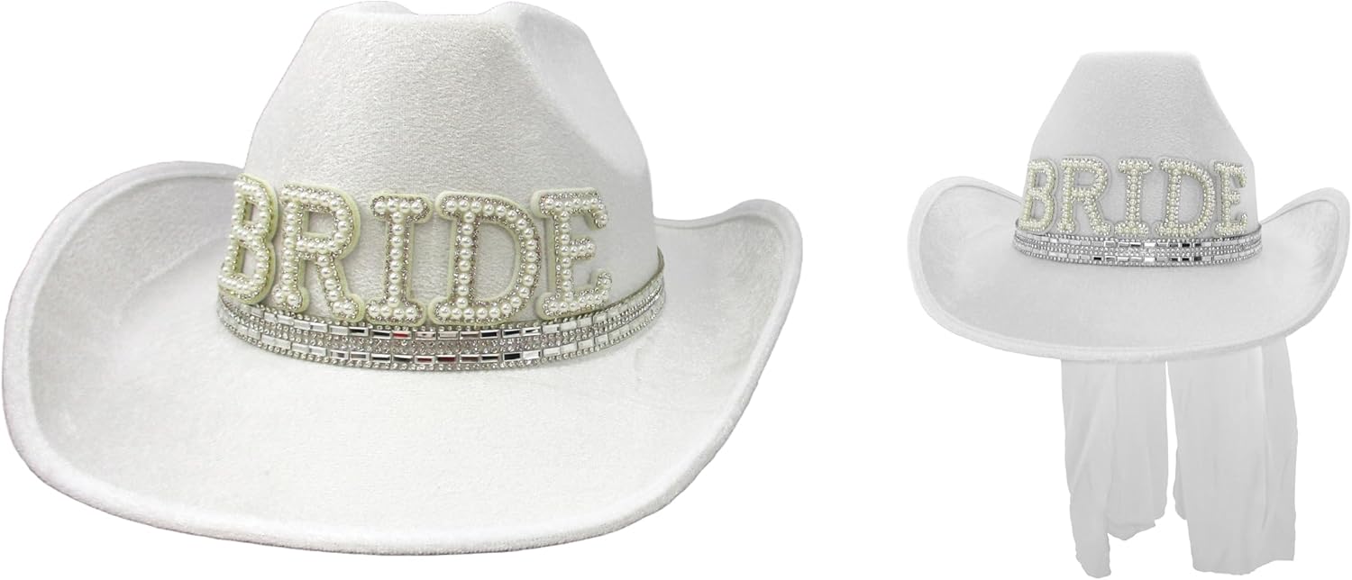 Nicky Bigs Novelties Bride Cowboy Hat Bachelorette, Bride Cowgirl Hat With Veil, Cowgirl Bachelorette Hats For Bridal Party, Bridal Cowboy Hat - Image 3