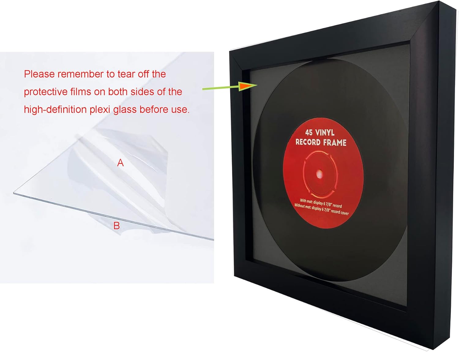 2 Pack, 45 Single 6 7/8" Vinyl Record Frame, Display 45 rpm Vinyl Record with Mat or 7" 45 rpm Vinyl Sleeve Art without mat, Wall & Tabletop Display